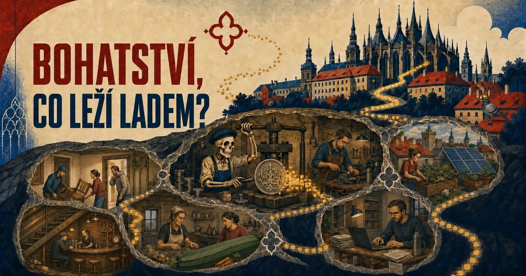 Bohatství, co leží ladem? Ilustrace Kutné Hory: nad zemí chrám a město, pod zemí dílny, kuchyně, hospoda a pracovny propojené zlatou žílou.
